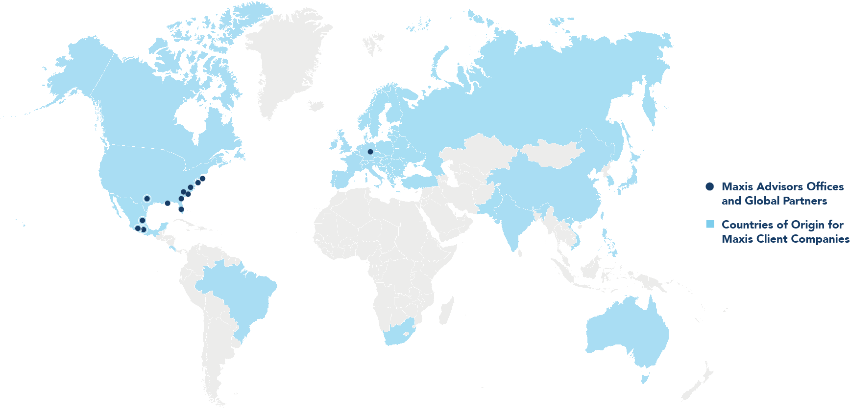 Map showing Maxis Advisors serves all continental U.S. states and other countries